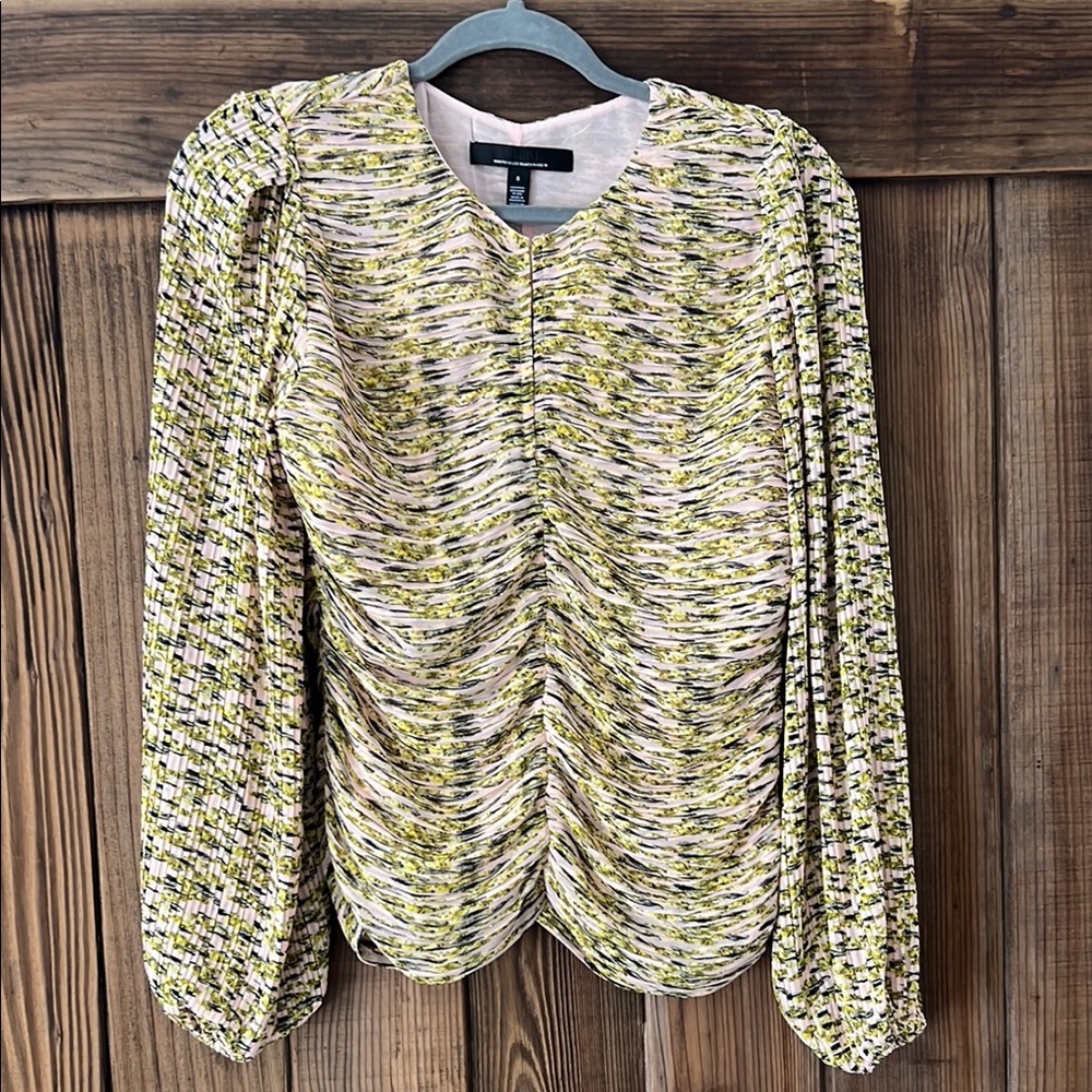White House Black Market Cream and Green Ruched Blouse